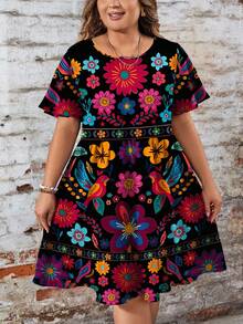 EMERY ROSE 休闲简约全印花花卉图案黑色大码连衣裙，适合夏季 - 彩色 - 查看 5