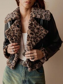 Women's Autumn/Winter Hippie Style Short PU Patchwork Faux Fur Leopard Print Lapel Long Sleeve Jacket Coat - Black - View 1