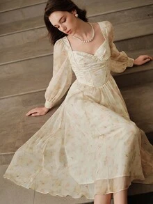 Anewsta Vestido de manga larga con estampado, de gasa con cintura ajustada y vuelo, vestido regular para citas - Amarillo claro - Ver 6