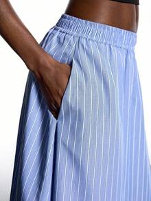 LYSMO Váy dài sọc thường ngày cho nữ, mùa hè - Màu xanh lam - Xem 8