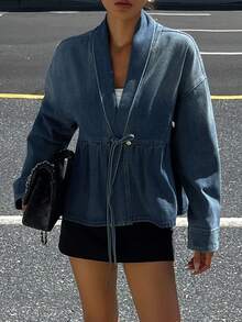 DAZY 时尚高端V领牛仔束腰外套，蓝色夹克