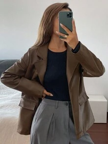 DAZY Women's Loose Casual PU Blazer Jacket, Autumn Buisness Attire