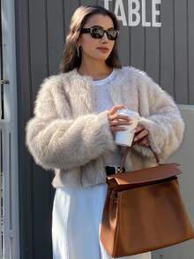 DAZY 女士加厚蓬松外套，秋冬新款女式外套 - 杏色 - 查看 3