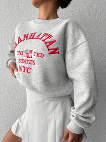 EURMUSE 100%Cotton Women's Round Neck Casual Long Sleeve Sweatshirt With Letter Embroidery - Grey - View 4