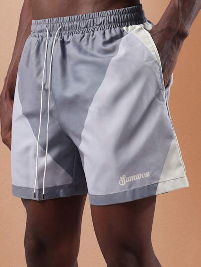 SUMWON Regular Summer Beach Swim Trunks Color Block Design Mid Length Board Shorts Drawstring Waist Modern Stylish Swimwear Vacation Pool Party Casual Relaxed Fit