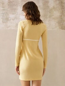 Cévolie Pale Yellow Square Neck Tie Waist Long Sleeve Dress Fall Cloth For Women - Yellow - View 2