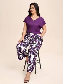 Comfylo Women V-Neck Solid Color Casual Elegant Western Top Pants Set Summer Outfits For Women Vacation Outfits Woman Vacation Wedding Guest Purple - Multicolor - View 4