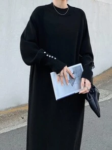 FRIFUL 女式黑色纯色宽松中长连衣裙，高领，落肩，长袖，仿珍珠装饰袖口，休闲百搭，秋季毛衣裙 - 黑色 - 查看 5