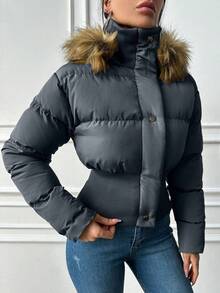 EURMUSE Women's Solid Color Fuzzy Patchwork Front Zip Long Sleeve Casual Padded Coat - Dusty Blue - View 5