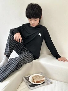 SHEIN 4 件套儿童/青少年男童简约图案印花圆领短袖纯色 T 恤和格子图案宽松休闲睡衣套装 - 彩色 - 查看 6