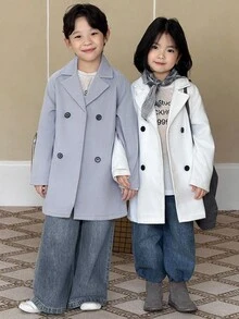 Genkimix Kids 少女简约双排扣纯色羊毛大衣 - 米色 - 查看 5