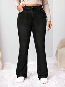 EURMUSE Plus Size Casual Washed Slim Flare Jeans - Black - View 3