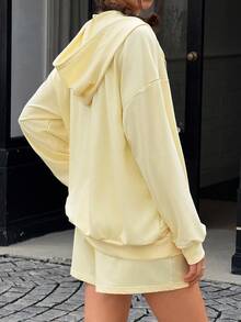 Jouncy Women's Autumn Letter Graphic Drop Shoulder Zip Front Hoodie And Shorts Casual Suit - Yellow - View 3