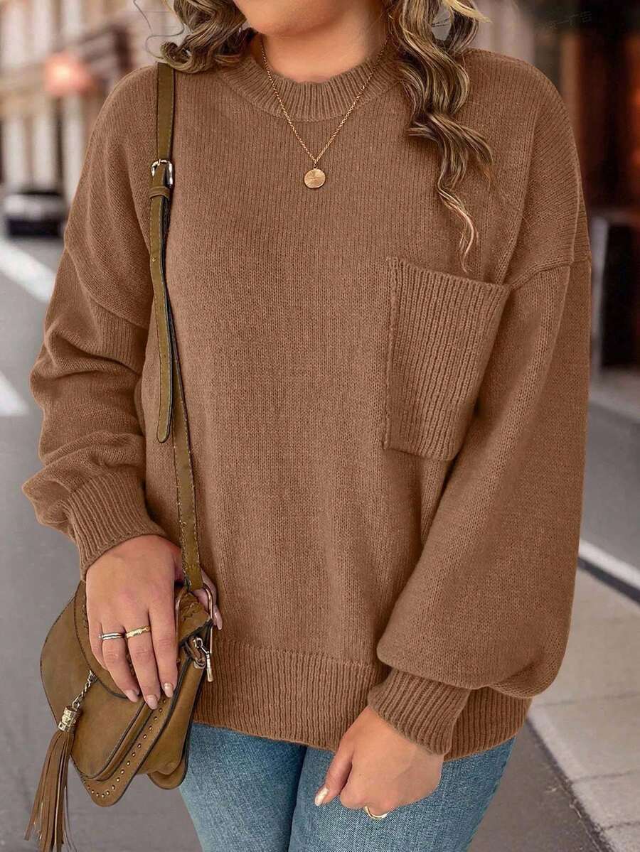 EURMUSE Suéter holgado de manga larga y cuello redondo de unicolor para mujer de talla grande - Camel - Ver 1