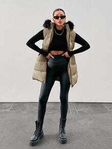 Padded Vest With Furry Hood And Adjustable Waist, Two Side Pockets, Thick And Fashionable Puffer Jacket, Quilting Details - Beige - View 9