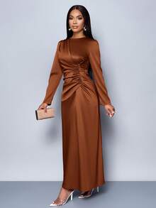 SOLERSUN Đầm ôm body bằng vải satin nhún bèo màu trơn thanh lịch dành cho nữ, thích hợp cho trang phục dự tiệc hẹn hò Maxi dành cho nữ - màu nâu - Xem 7