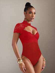 Hauture Lace Mesh Mock Neck Lace Up Back Bodysuit With Padded Bust