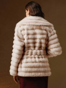 Anewsta Women's Smooth Faux Fur Collar Belted Striped Layered Autumn/Winter Faux Fur Coat - White - View 4