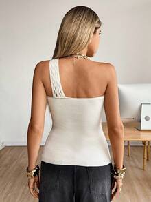 Siren Gaze Off-White Summer Chic Vacation Women's Asymmetric One-Shoulder Knit Top With Gold Buttons,Ribbed Crochet Sweater Vest For Party,Casual Tube Top - Apricot - View 2