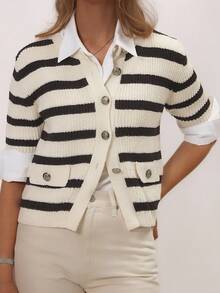 Women's Contrast Stripe Knit Cardigan - Apricot - View 4
