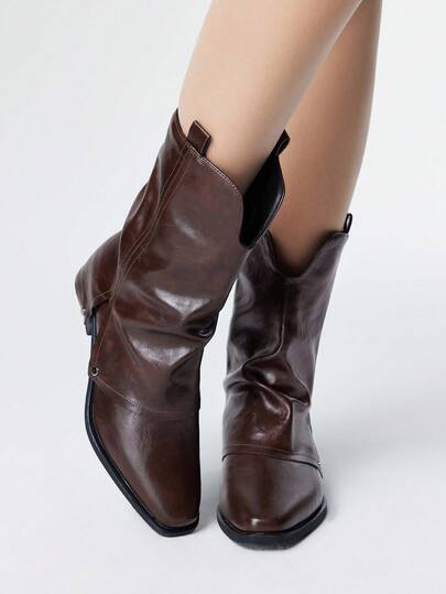 Fairycore Women's Brown Motorcycle Boots, Slip-On Pointed Toe Western Boots, Leather Shaft Collegiate Style Ankle Boots And Short Boots