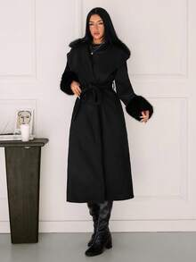 SHEIN Tall 女士优雅简约基本款休闲通勤办公室卡其色外套，带毛领、毛袖和腰带，宽松版型，秋冬 - 黑色 - 查看 10