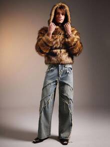 FeverCity 男士蓬松长袖连帽休闲仿皮草大衣，秋冬 - 咖啡棕 - 查看 3