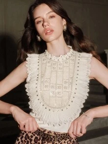 Anewsta Savoree Elegant Fashion Heavy Beaded & Rhinestone Floral Decor Stand Collar Lace Trim Double Layer Hollow Ruffle Hem Sleeveless Apricot Blouse For Women