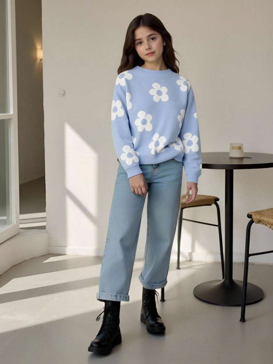 SHEIN Tween Girl Floral Pattern Knitted Sweater, Autumn/Winter - Blue - View 1