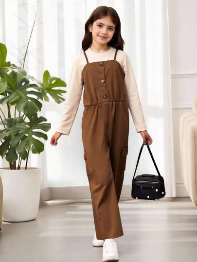 SHEIN Tween Girl Solid Tee & Flap Pocket Side Cami Jumpsuit
