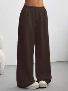 SHEIN EZwear Quần nỉ ống đứng lưng thấp có dây rút cỡ lớn - Màu nâu Sô-cô-la - Xem 1