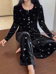 DAZY 女士星星印花天鹅绒睡衣套装，秋冬，秋季服装 - 黑色 - 查看 4