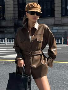 DAZY Vintage Lapel PU Leather Jacket, High-Quality Cinched Waist Waist Mid-Length Regular Coat Fall/Winter - Brown - View 3