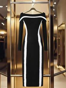 Franclia Vestido ajustado sin tirantes con diseño de bloques de color y rayas de manga larga