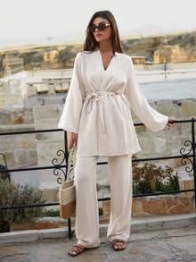 100%Cotton Sprecial Texture Cool Touche Linel Kimono Linen Pants Women Two Pieces Outfits - Beige - View 3
