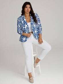 Comfylo Áo blazer có cổ tay in màu xanh và trắng cỡ lớn - Xanh và trắng - Xem 4