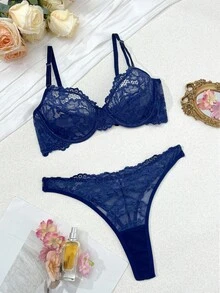 SHEIN French Floral Lace Romantic Elegant Bra + Thong Lingerie Set, Sexy Women's Underwear - Navy Blue - View 5