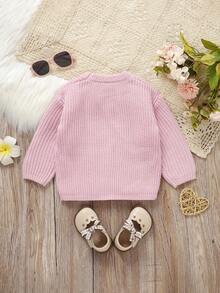 SHEIN 女童甜心字母刺绣圆领长袖毛衣 - 粉色 - 查看 2