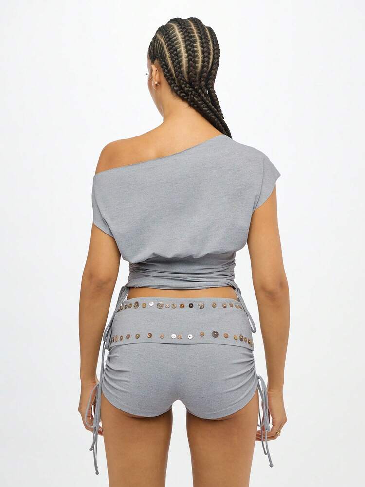 SUMWON WOMEN Button Detail Ruched Jersey Shorts