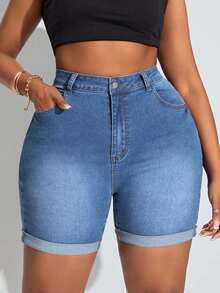 EURMUSE 弹力七分紧身裤、修身裤、翻边自行车短裤 - 藍色 - 查看 1