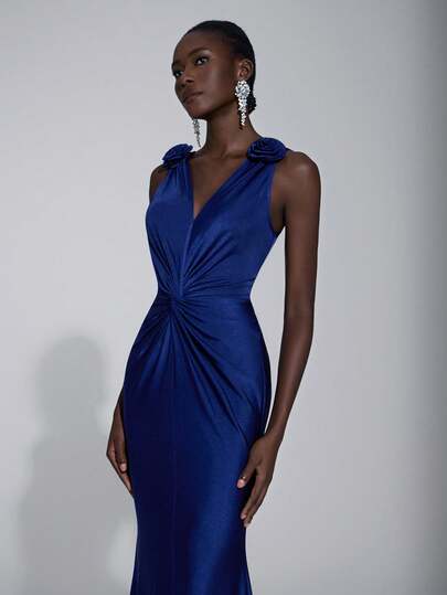 Elitara Elegante y lujoso vestido largo de punto elástico azul marino con pliegues retorcidos, decoración de hombros anchos, tirantes finos, escote en V profundo y cola de pez con tren, adecuado para bodas, ocasiones formales y vestido de dama de honor