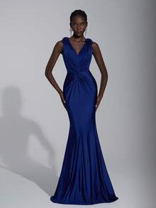 Elitara 优雅奢华的海军蓝弹力针织扭褶装饰宽肩细肩带深 V 领鱼尾拖尾长裙，适合婚礼、正式场合、伴娘礼服 - 藏蓝色 - 查看 7