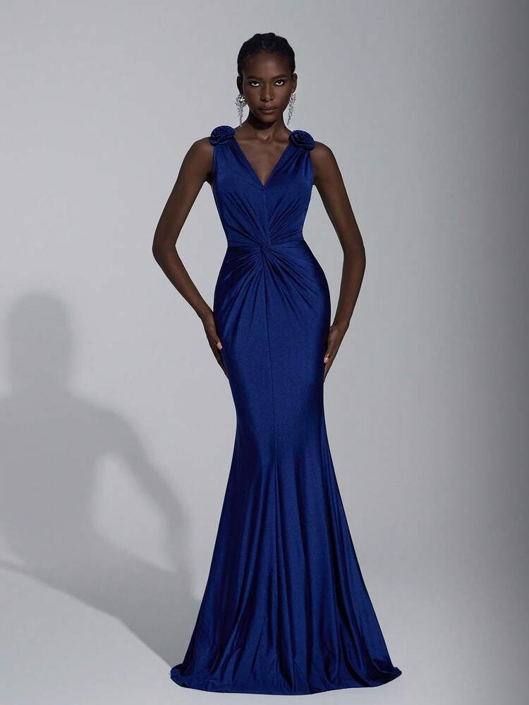 Elitara Elegante y lujoso vestido largo de punto elástico azul marino con pliegues retorcidos, decoración de hombros anchos, tirantes finos, escote en V profundo y cola de pez con tren, adecuado para bodas, ocasiones formales y vestido de dama de honor - Azul Marino - Añade 6