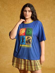HARRY POTTER X SHEIN Plus Size Letter & Animal Graphic Round Neck Short Sleeve T-Shirt - Blue - View 4