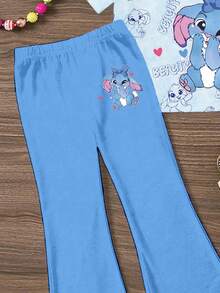 Back To School Girls Toddler Casual Cute Rabbit Digital Print Blue Set, Cartoon Short Sleeve T-Shirt And Flared Pants Outfit, Versatile Suit For New School Year