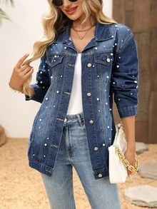 EMERY ROSE Áo khoác denim thường ngày đính ngọc trai cho nữ, trễ vai - Màu xanh lam - Xem 1