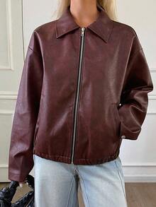 DAZY 秋冬新款宽松休闲PU酒红色女式夹克外套皮夹克 - 紅色 - 查看 6