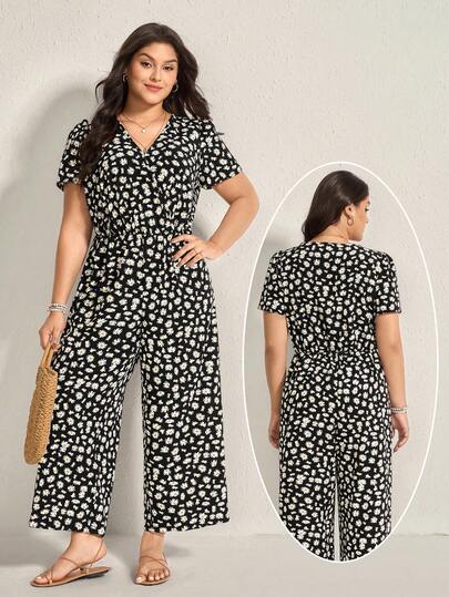 Comfylo 大码女式雏菊印花重叠 V 领短袖阔腿连体裤，适合度假、夏季