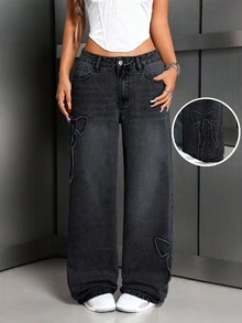 EURMUSE 女式口袋蝴蝶刺绣水洗直筒牛仔裤 - 淺灰色 - 查看 1