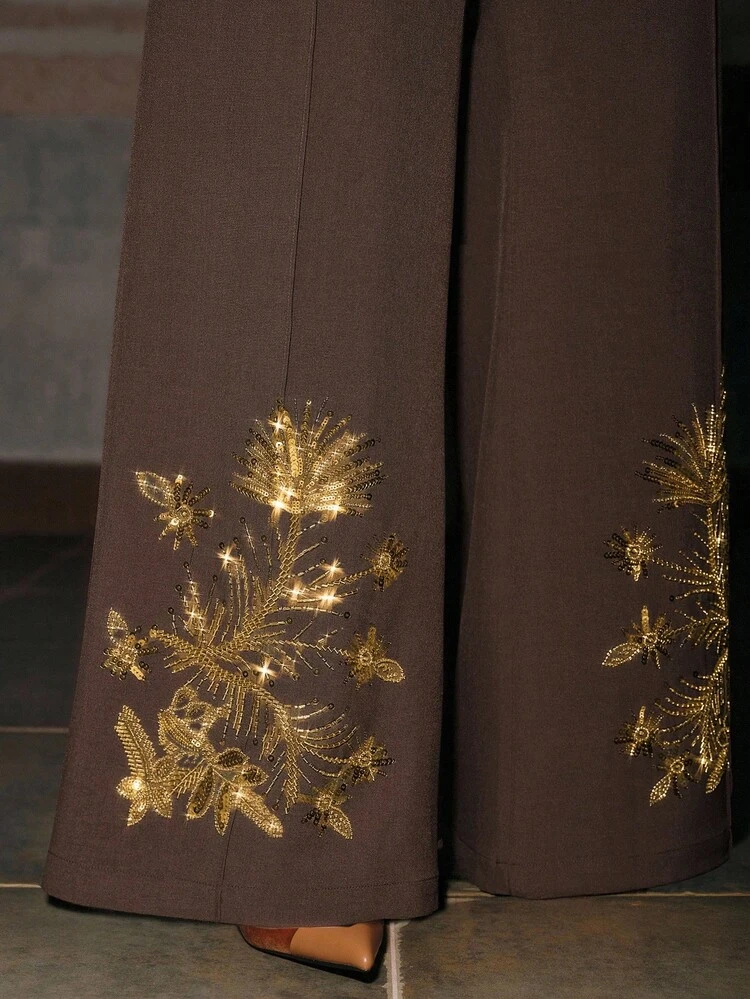 Plus Size Women Vintage Elegant Pearl Embroidered Flared Hem Christmas/Thanksgiving/New Year Formal Pants